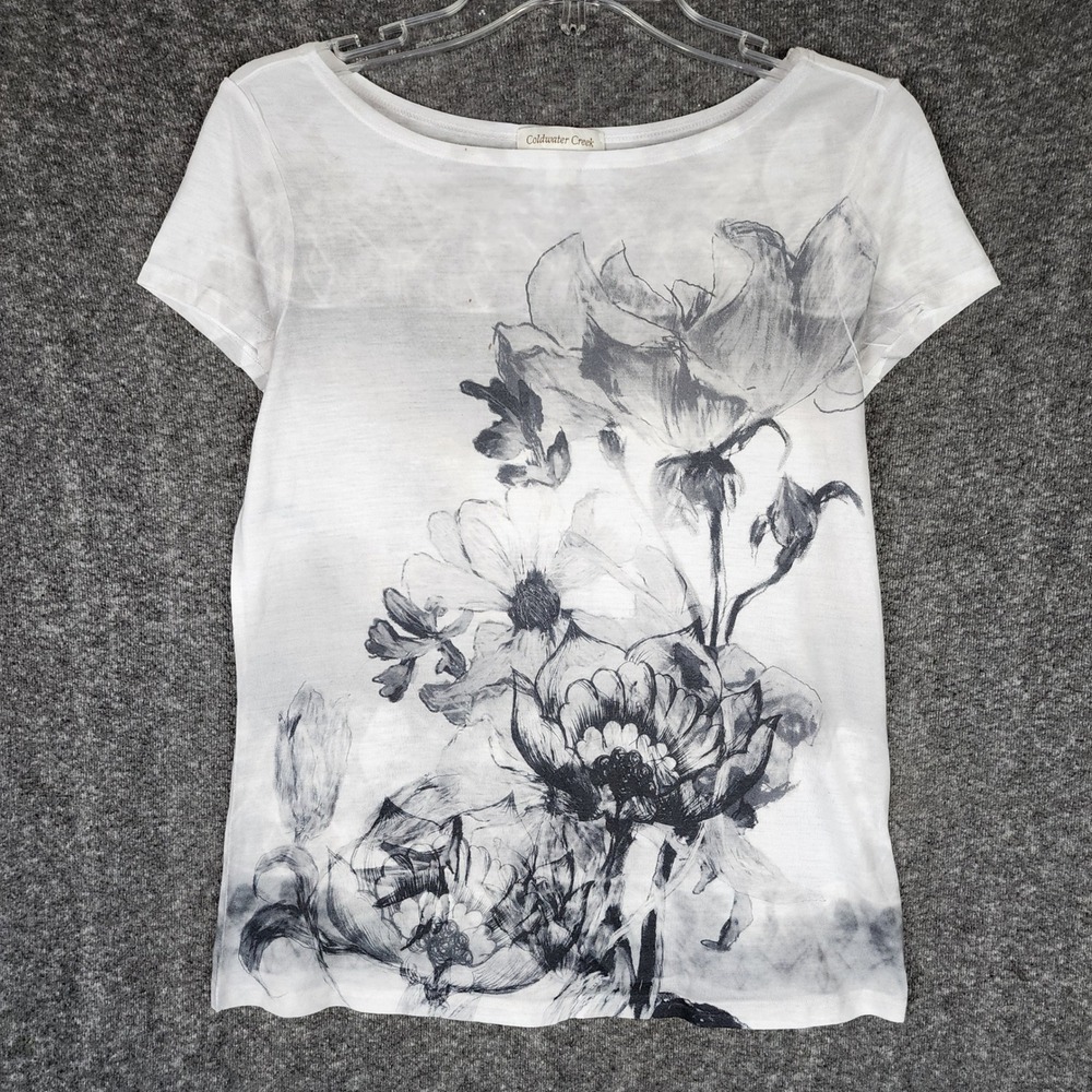 Coldwater Creek Top Women XS Floral Graphic White Short Sleeve EUC